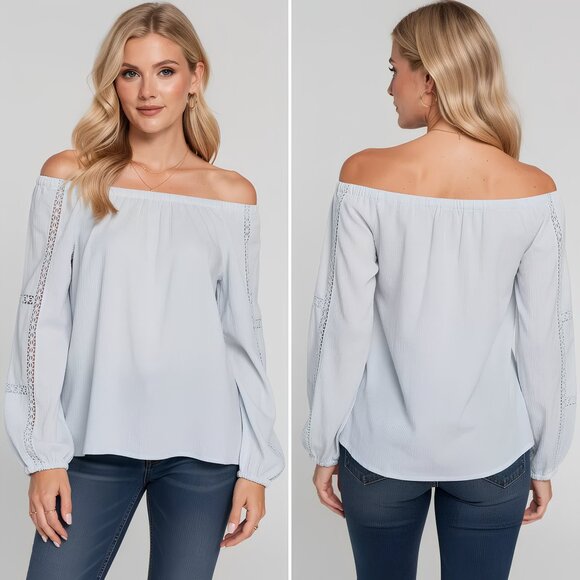 Sanctuary Tops - Women’s Light Blue Off-Shoulder Blouse | Long Sleeve I SMALL SIZE